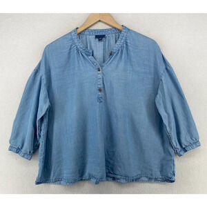 J.JILL Top M Chambray Tencel Henley Popover 3/4 Sleeve Tunic Blouse Blue